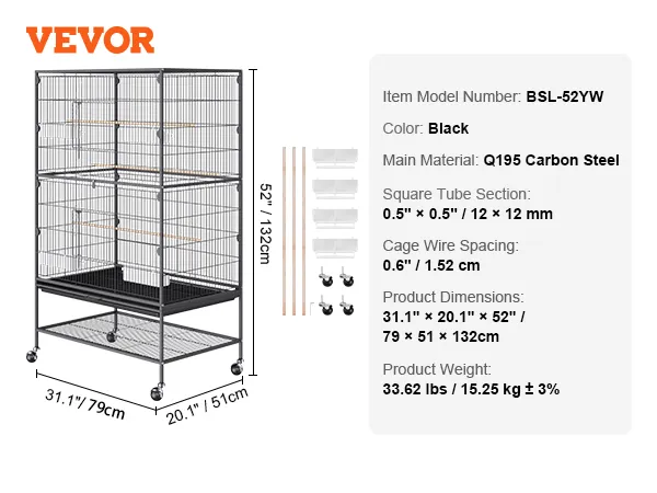 VEVOR bird cage, black, 52"x31.1"x20.1", model bsl-52yw, q195 carbon steel, 33.62 lbs.