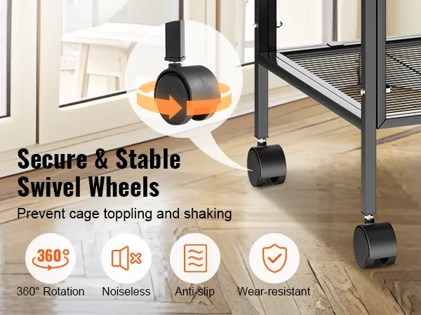 VEVOR bird cage with secure 360° swivel wheels for noiseless, anti-slip, and wear-resistant movement.