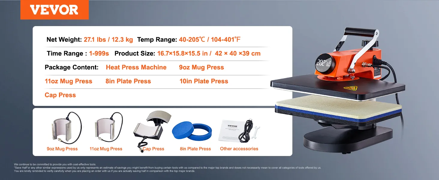 VEVOR heat press machine with mug, plate, and cap press attachments, 27.1 lbs, 40-205°c temp range.