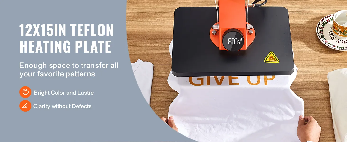 VEVOR heat press machine with 12x15in teflon heating plate transferring design onto a white t-shirt.