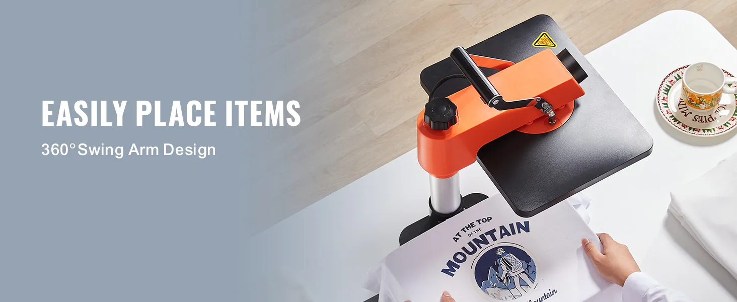 VEVOR heat press machine with 360° swing arm design pressed on a t-shirt with a mountain print
