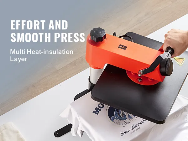 VEVOR-Heißpressmaschine mit Verbrühschutzfunktion presst ein weißes T-Shirt auf einen Holztisch.