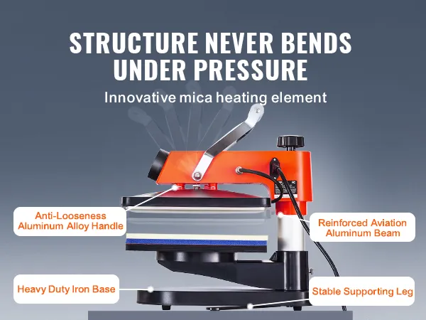 VEVOR-Heißpressmaschine mit verstärktem Aluminiumträger, Anti-Lockerungsgriff und robuster Eisenbasis.