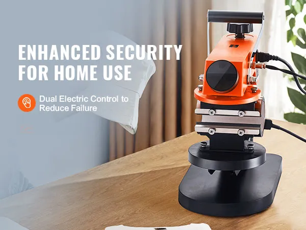 Verbesserte Sicherheit: VEVOR-Heißpressmaschine mit Kappe, die von einer Person in einer häuslichen Umgebung gehalten wird.