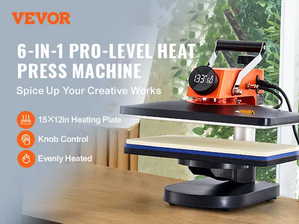 VEVOR-Heißpressmaschine, 6-in-1-Profi-Niveau, präsentiert auf einem Holztisch mit Grün im Hintergrund.