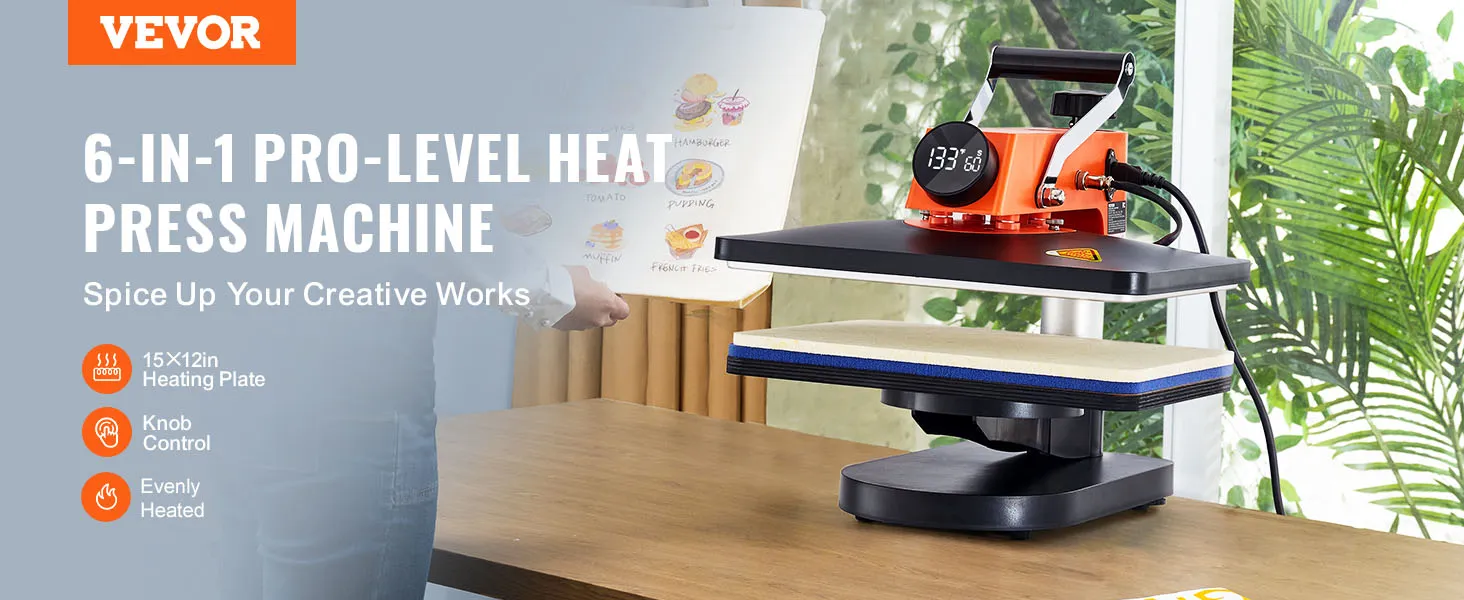 VEVOR heat press machine, 6-in-1 pro-level, showcased on a wooden table with greenery in the background.