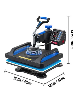 Máquina de prensado térmico VEVOR, pantalla digital, 15,7 x 18,5 pulgadas, negra con detalles azules.