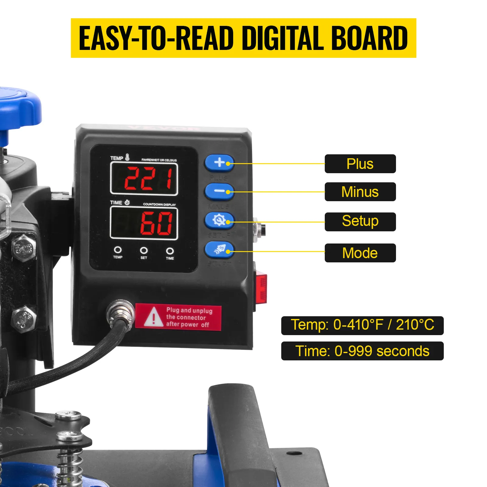 Tablero digital de fácil lectura de la máquina de prensado térmico VEVOR con temperatura y temporizador.