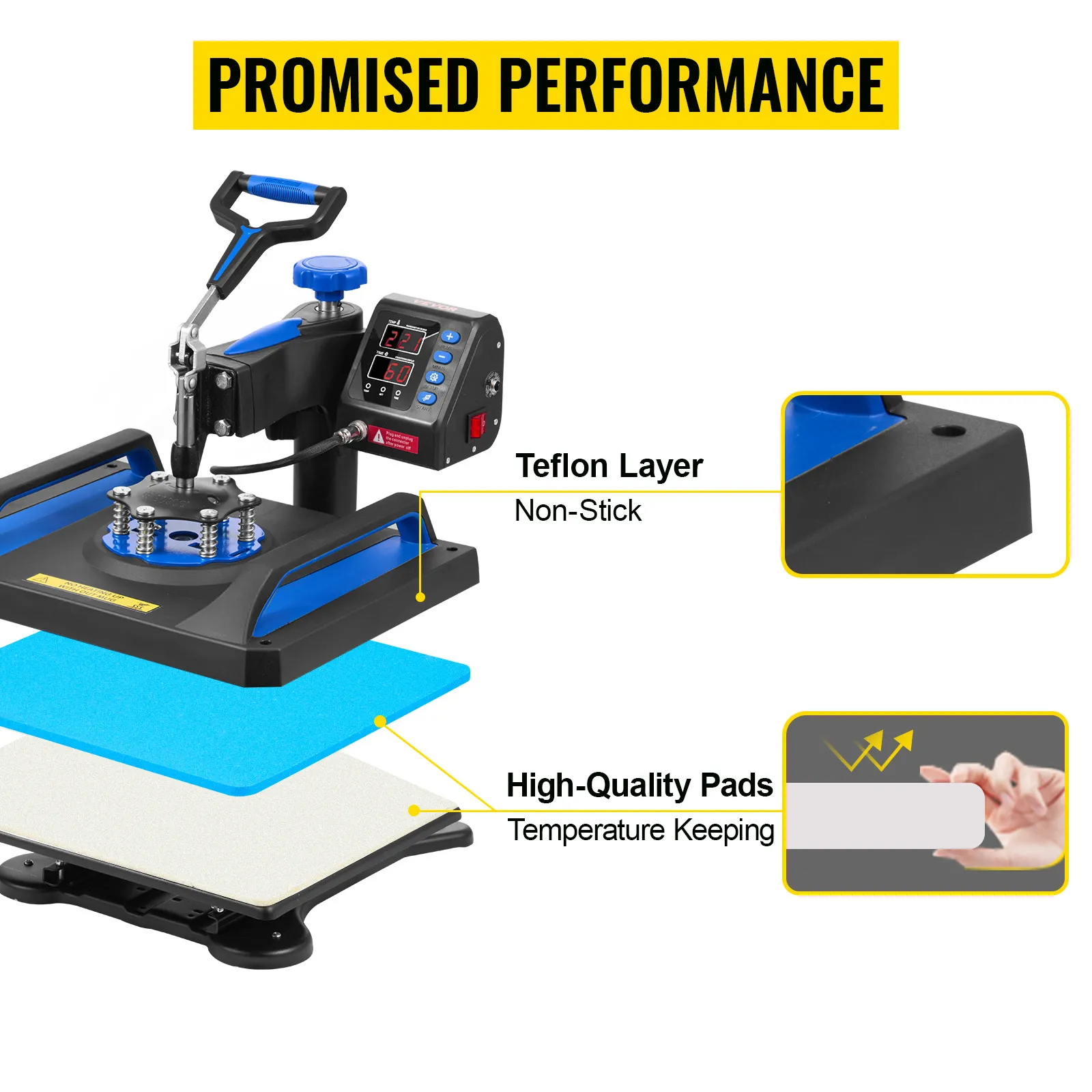 Máquina de prensado térmico VEVOR que resalta la capa de teflón y almohadillas de alta calidad. Rendimiento prometido.