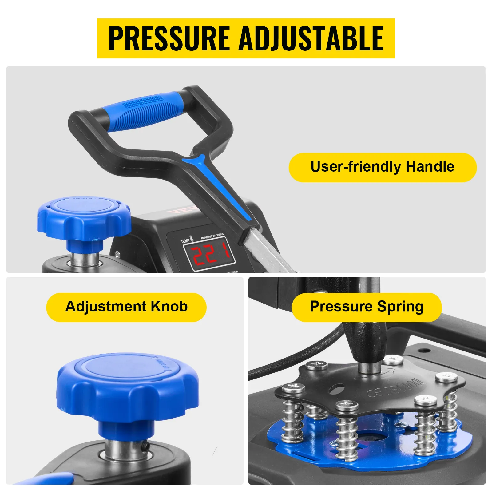 Máquina de prensado térmico VEVOR con mango ajustable, perilla y resorte de presión.