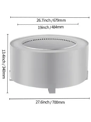 Brasero sin humo VEVOR con dimensiones etiquetadas: 27,6" x 13,4" x 26,7".