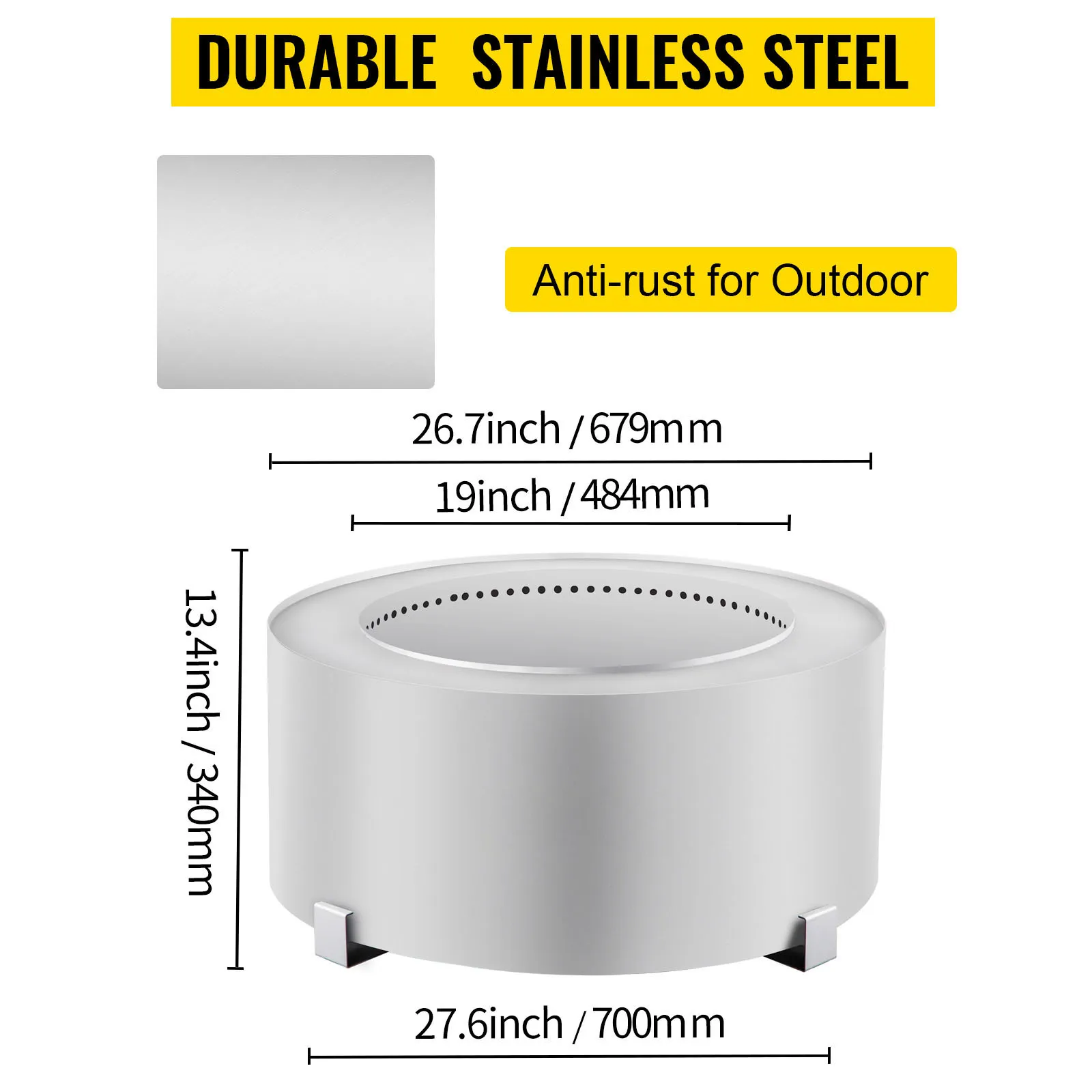 Brasero sin humo VEVOR de acero inoxidable duradero con diseño antioxidante.
