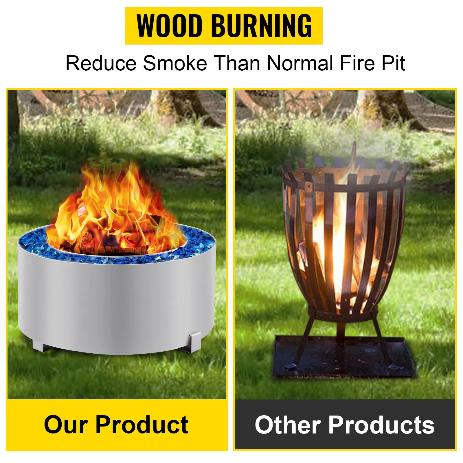 Pozo de fuego sin humo VEVOR en comparación con un pozo de fuego tradicional para reducir el humo.