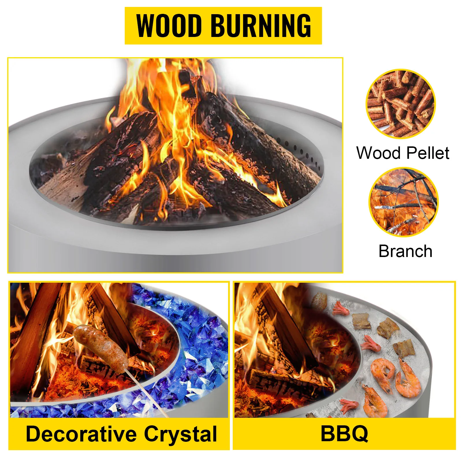 Brasero sin humo VEVOR que quema madera, con pellets, ramas, cristales y opciones de comida para barbacoa.