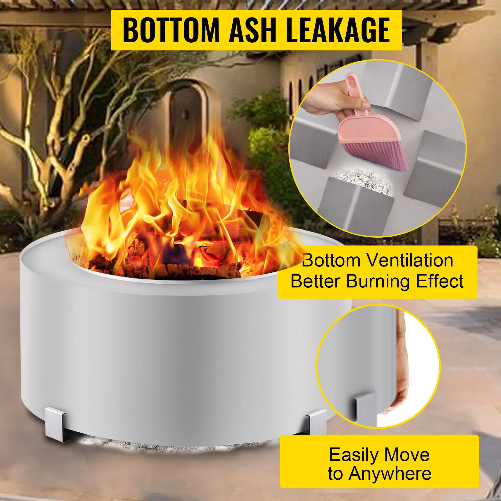 Brasero sin humo VEVOR con fuga de cenizas en el fondo y mejor efecto de combustión.