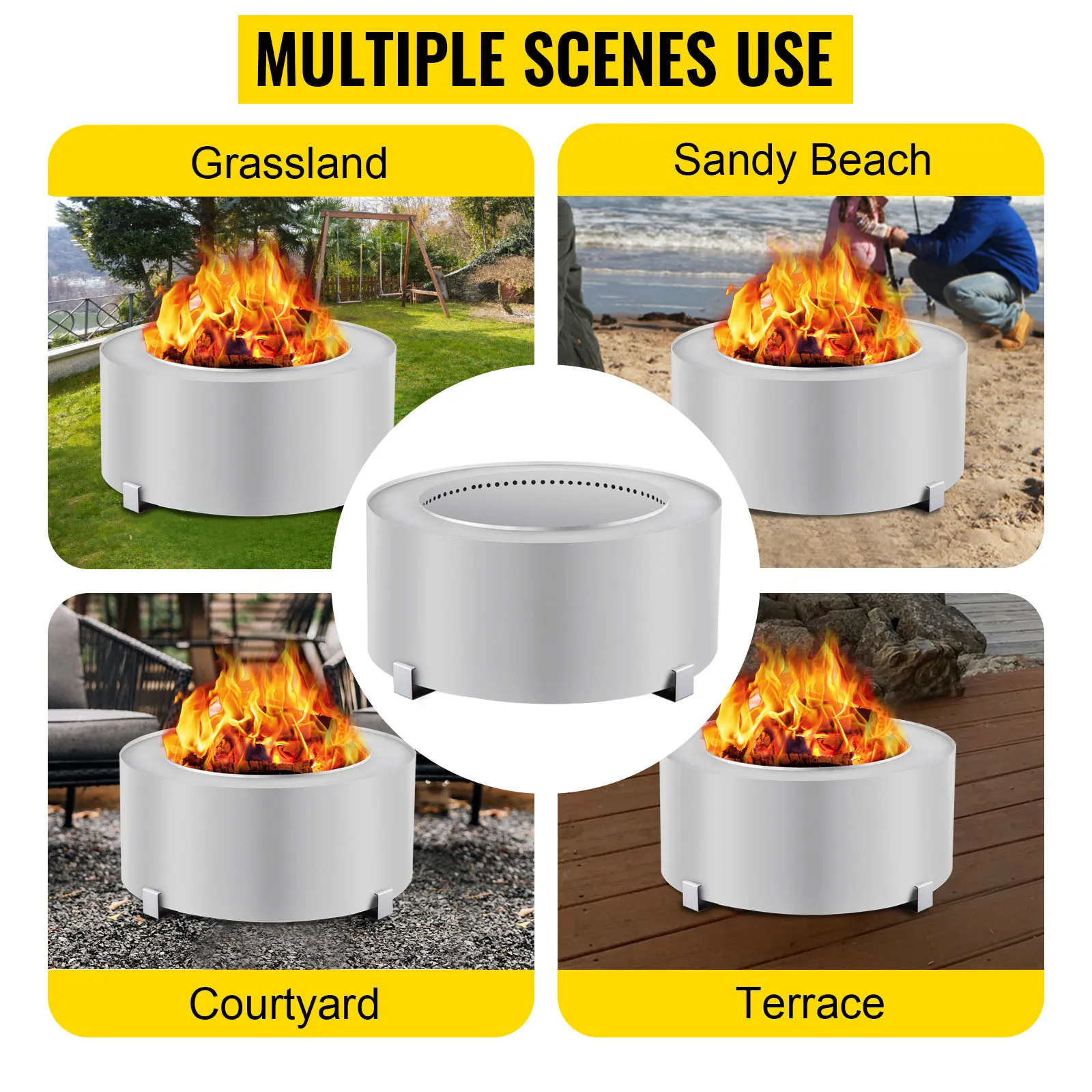Brasero sin humo VEVOR para usar en pastizales, playas de arena, patios o terrazas.