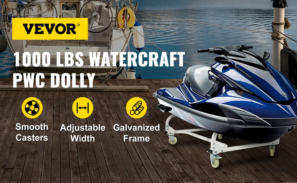VEVOR jet ski dolly with smooth casters, adjustable width, galvanized frame on a dock by the water.
