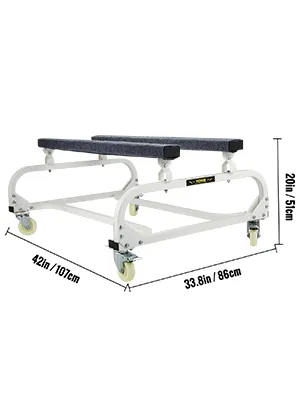 VEVOR jet ski dolly with cushioned supports, heavy-duty casters, and measurements provided for dimensions.