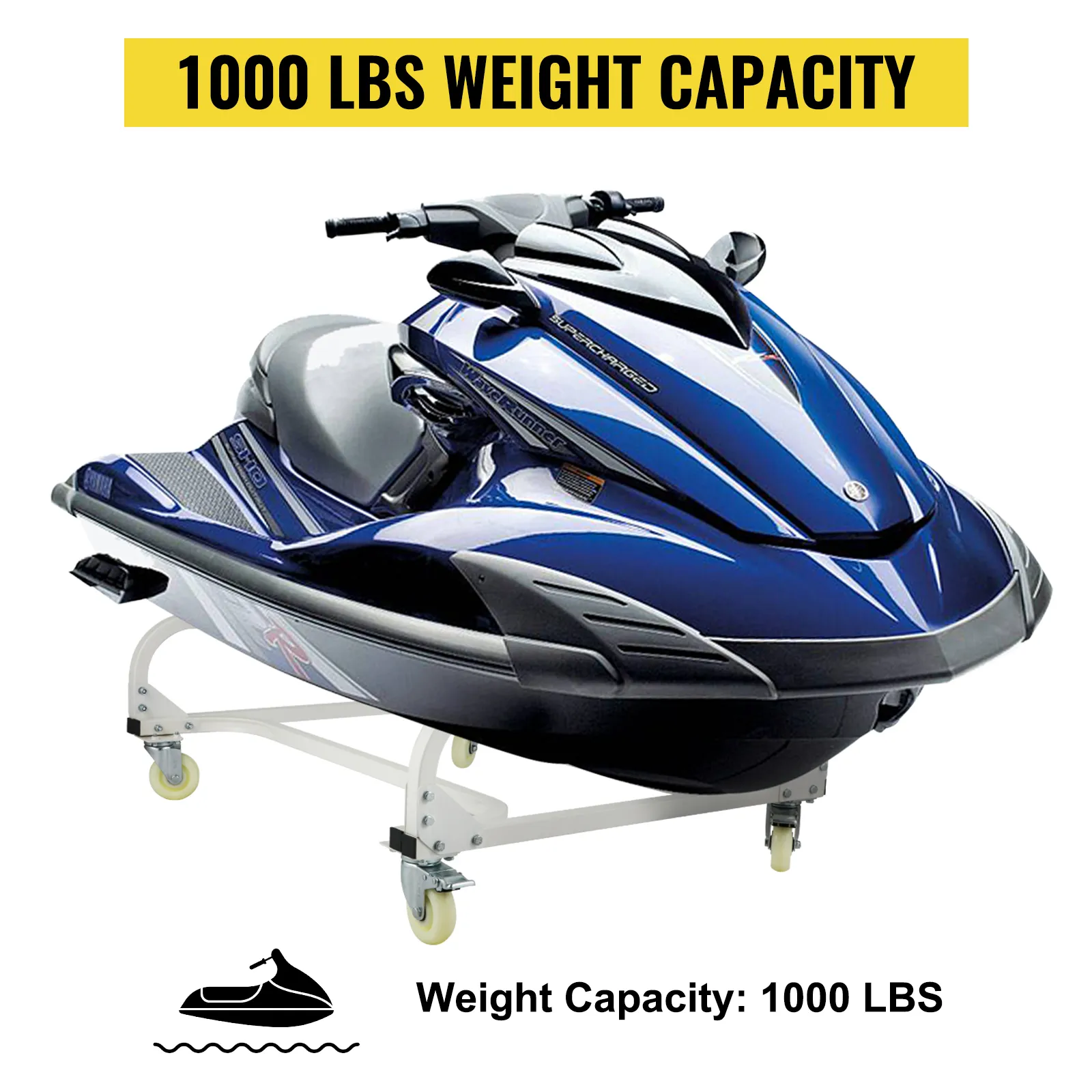 VEVOR jet ski dolly with 1000 lbs weight capacity, blue jet ski on a wheeled dolly.