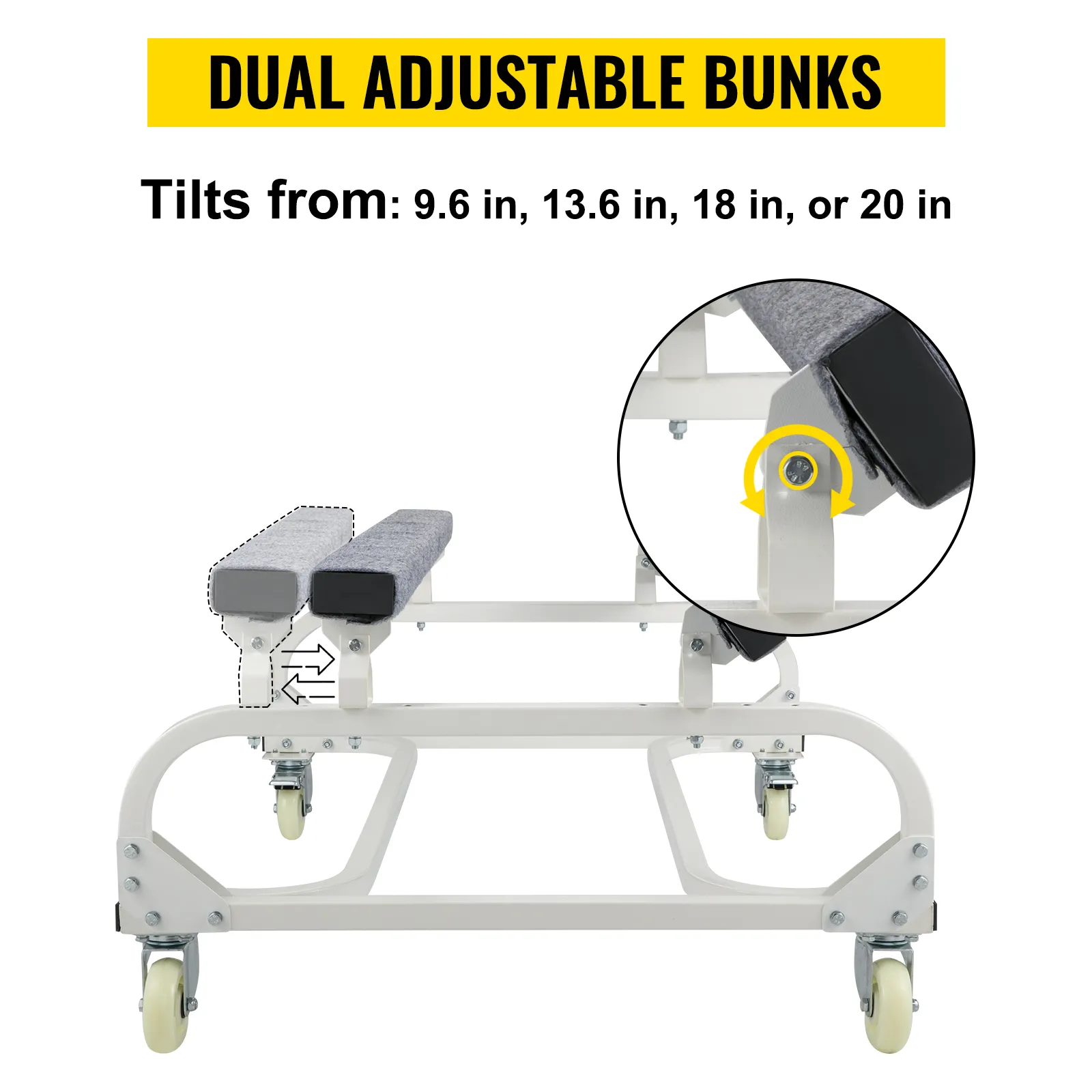 VEVOR jet ski dolly with dual adjustable bunks, tilts from 9.6 to 20 inches.