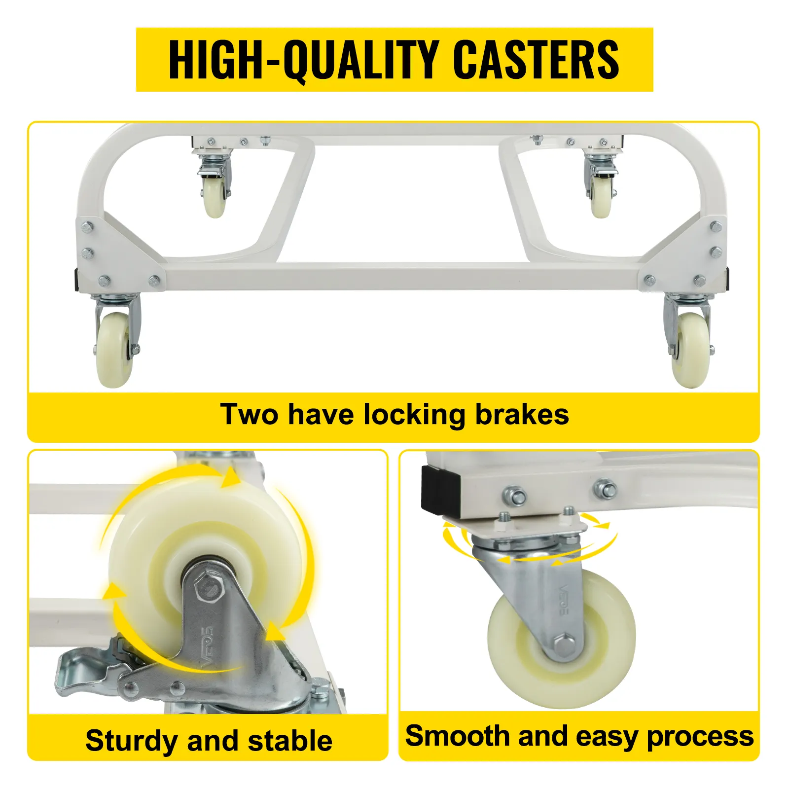VEVOR jet ski dolly with high-quality casters; two with locking brakes for sturdy and stable use.
