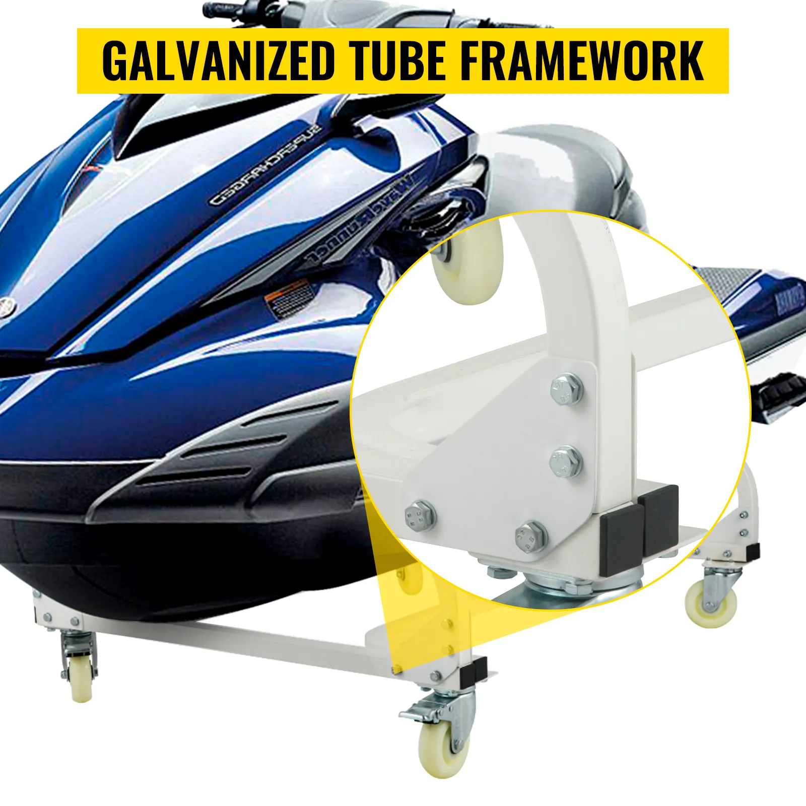 VEVOR jet ski dolly with galvanized tube framework and swivel wheels supporting a blue jet ski.