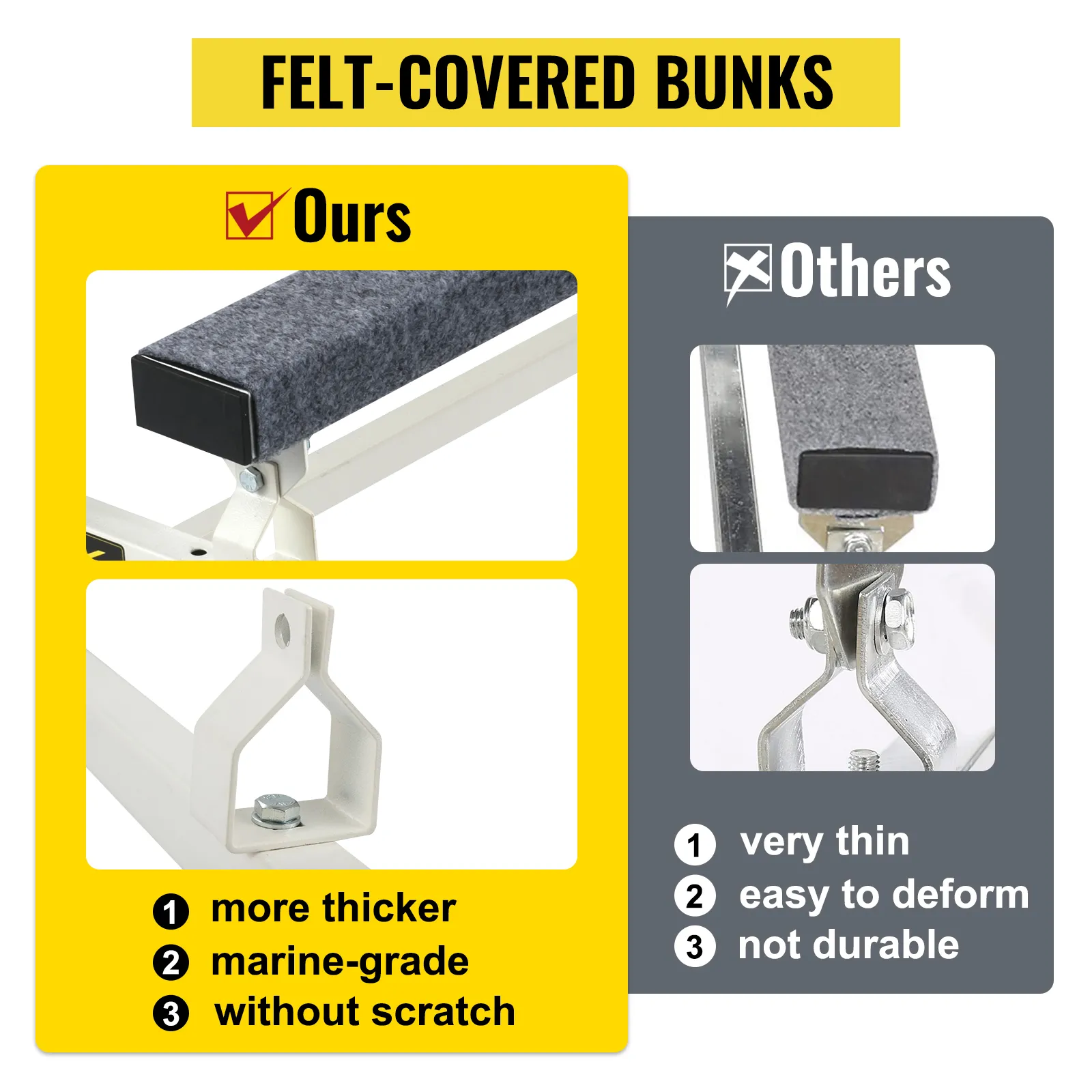 comparison of VEVOR jet ski dolly with thicker, marine-grade, scratch-resistant bunks vs thinner, less durable alternatives.