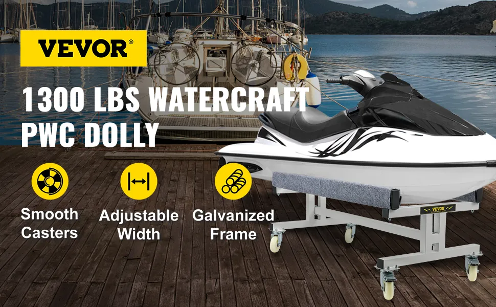 VEVOR watercraft dolly with smooth casters, adjustable width, and galvanized frame by the dock.