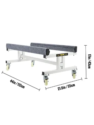 VEVOR watercraft dolly with cushioned supports, four caster wheels, and dimensions 44"x21.6"x17".
