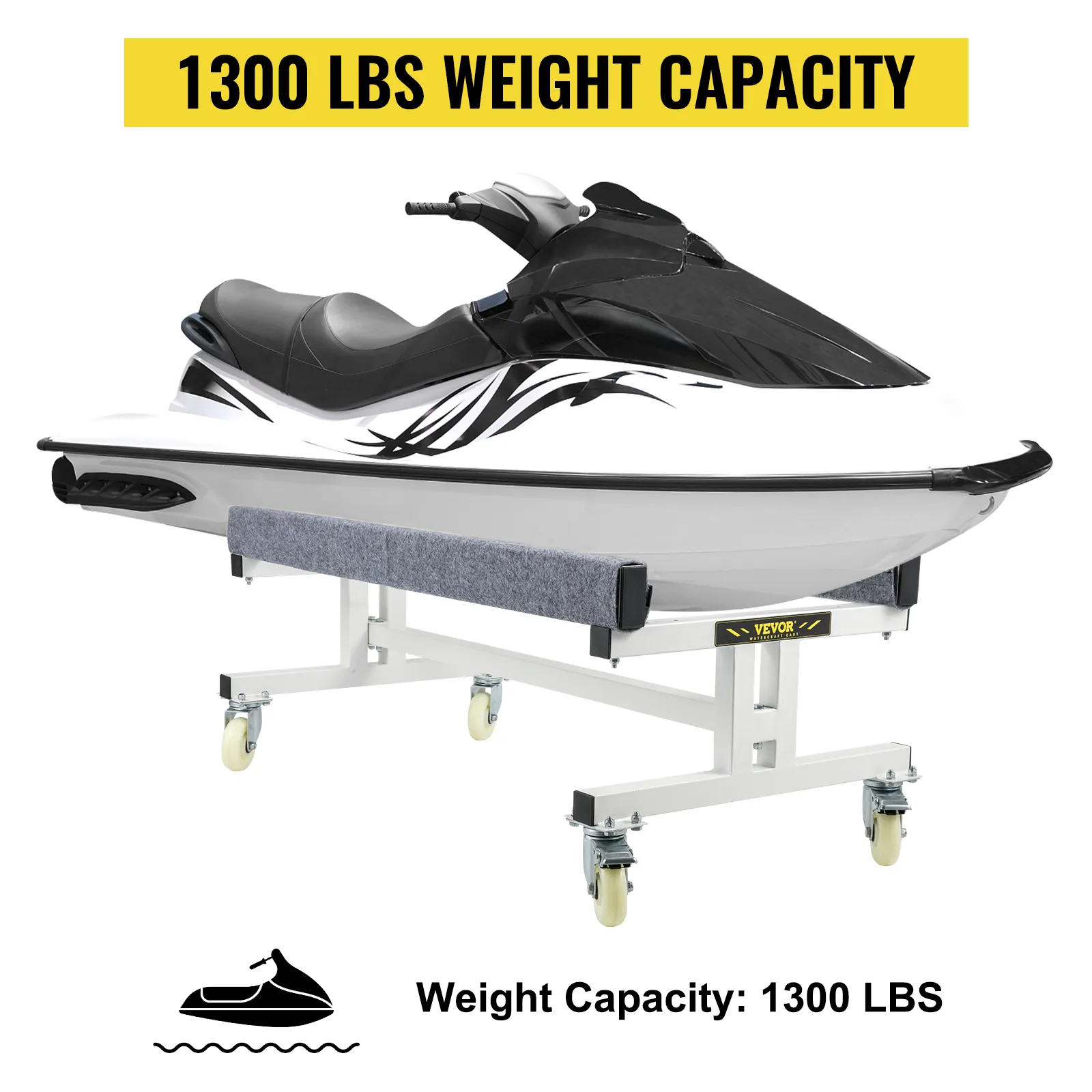 VEVOR watercraft dolly with 1300 lbs weight capacity, holding a black and white jet ski on rolling stands.