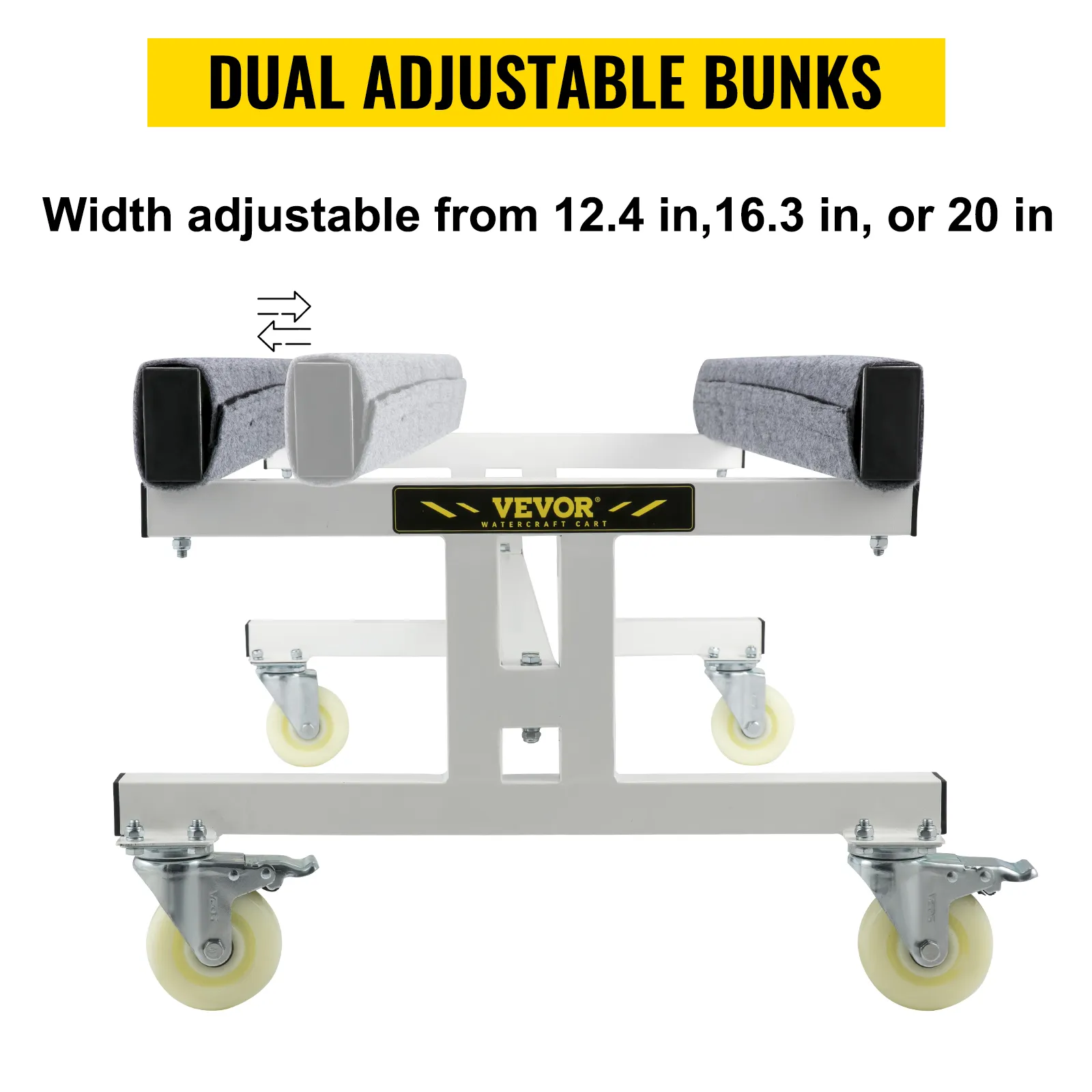 VEVOR watercraft dolly with dual adjustable bunks, width range 12.4, 16.3, or 20 inches, on swivel casters.