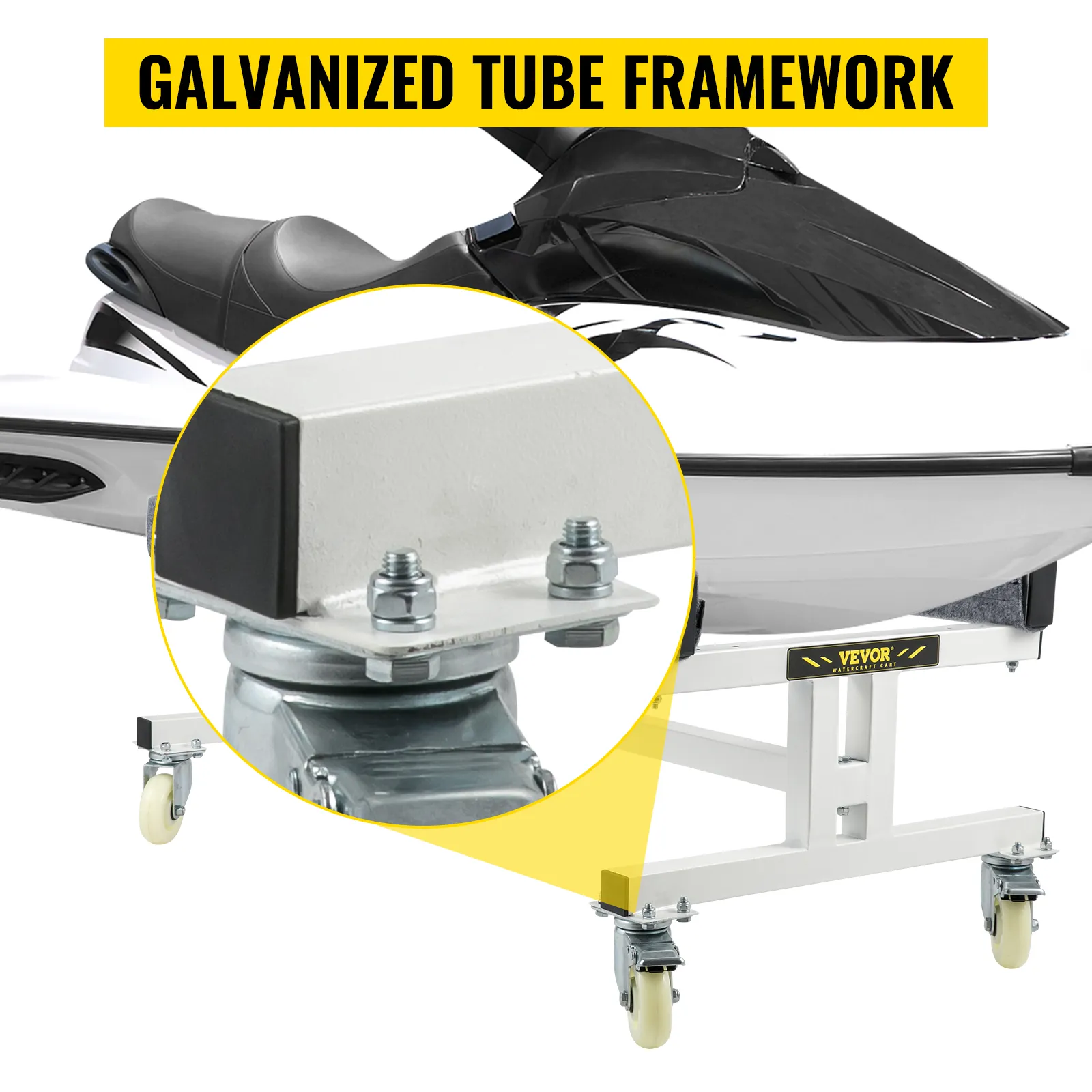VEVOR watercraft dolly with galvanized tube framework, close-up on heavy-duty caster wheel.