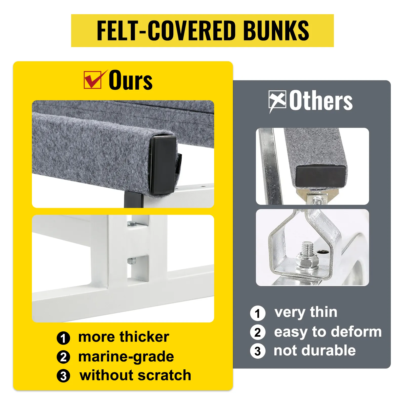 VEVOR watercraft dolly comparison showing thicker, marine-grade felt-covered bunks versus thinner, less durable option.