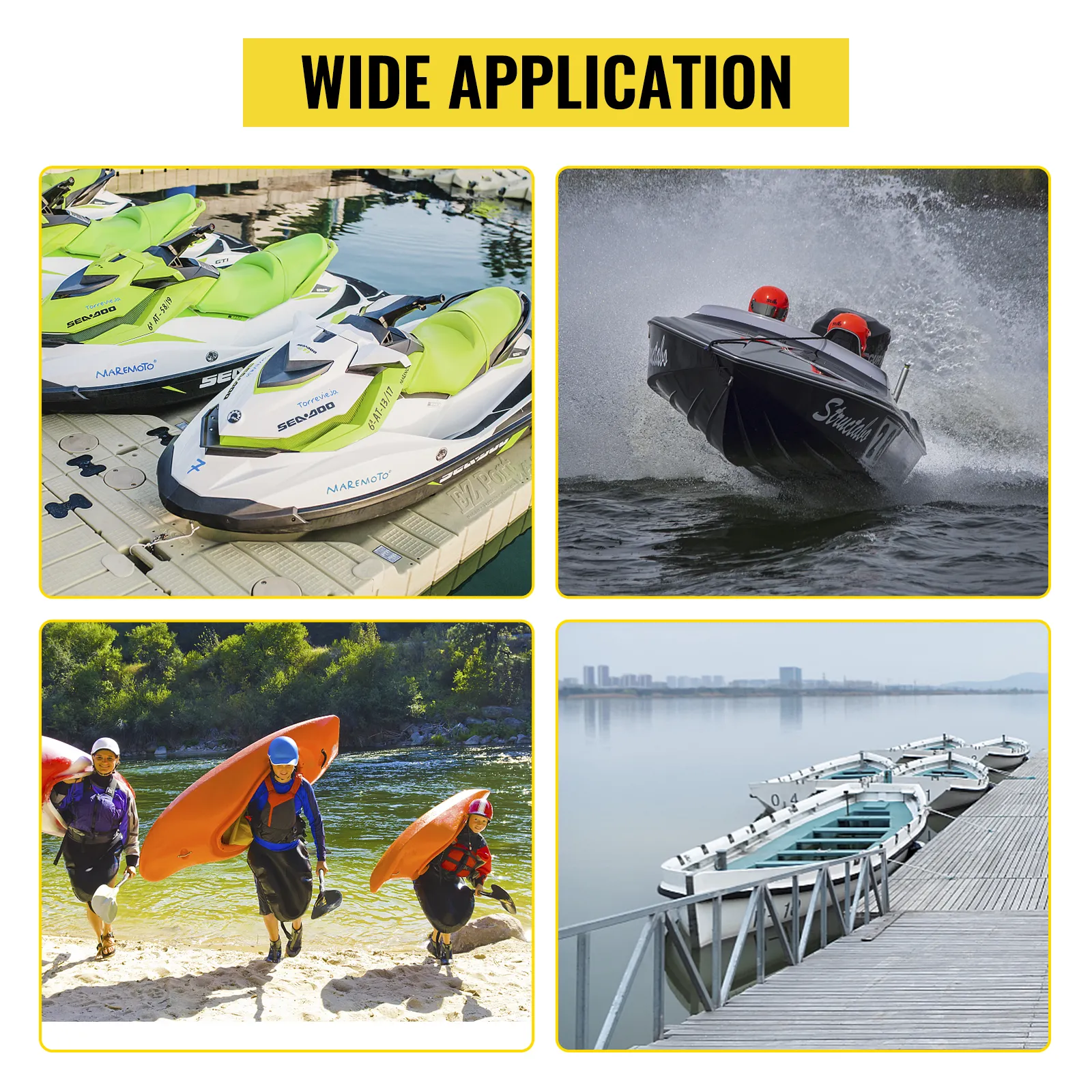 wide application for VEVOR watercraft dolly featuring jet skis, speedboats, kayaks, and rowboats on the water.