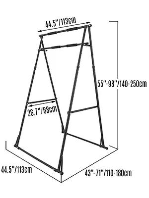 VEVOR pull up bar with adjustable height and width dimensions labeled in inches and centimeters.