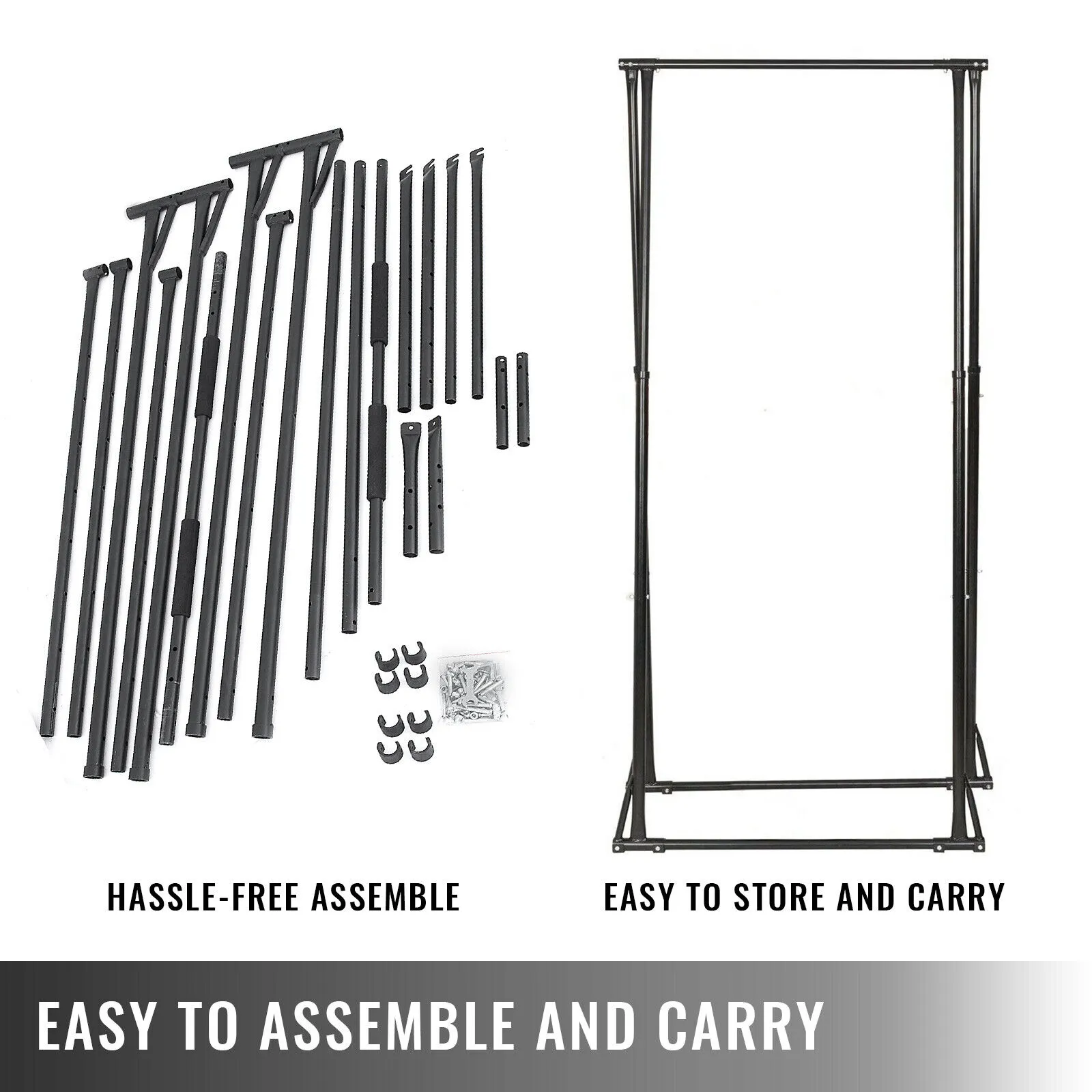 VEVOR pull up bar unassembled parts and fully assembled structure.