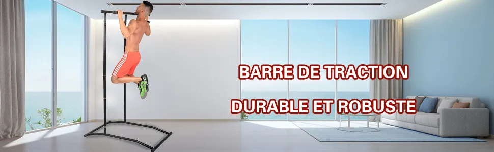 Hombre usando una estación de dominadas VEVOR en una sala de estar moderna con vista al mar.