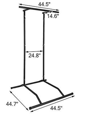 Estación de dominadas VEVOR con dimensiones 44,5" x 14,6" x 24,8". Estructura de acero negro.