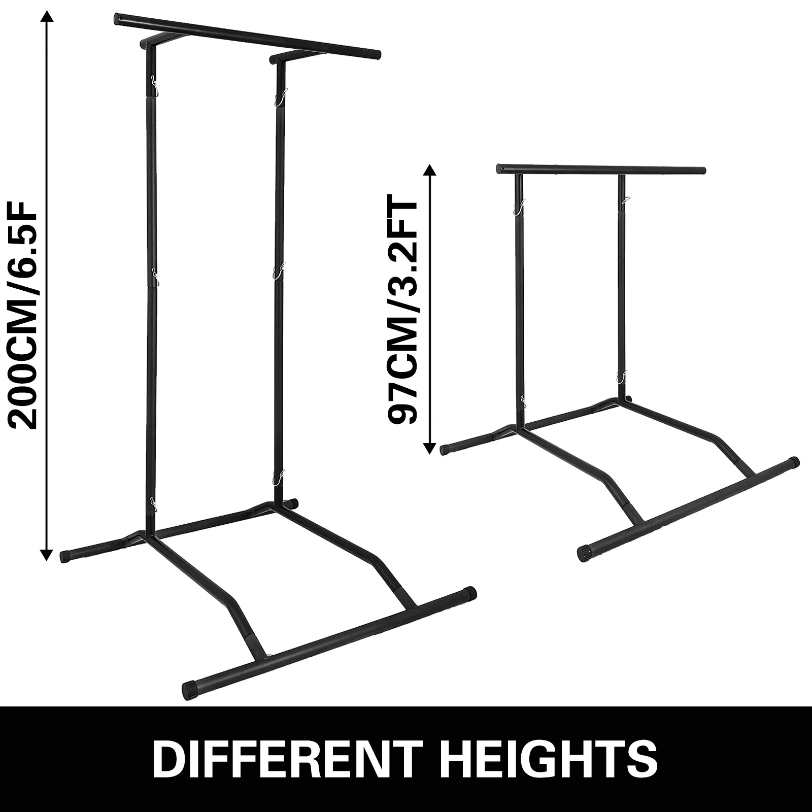 Dos estaciones de dominadas VEVOR a 200 cm/6,5 pies y 97 cm/3,2 pies de altura. Diferentes alturas.
