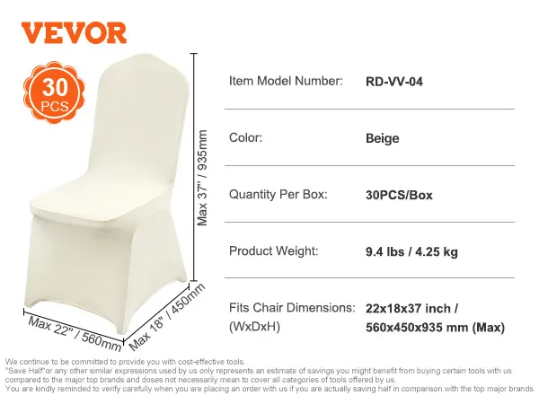 VEVOR spandex chair covers 30pcs, ivory white, 22x18x37 inches, 9.4 lbs, rd-vv-04 model, fits various chairs