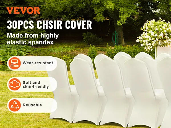VEVOR spandex chair covers in white set outdoors, featuring wear-resistant, soft, and reusable properties.