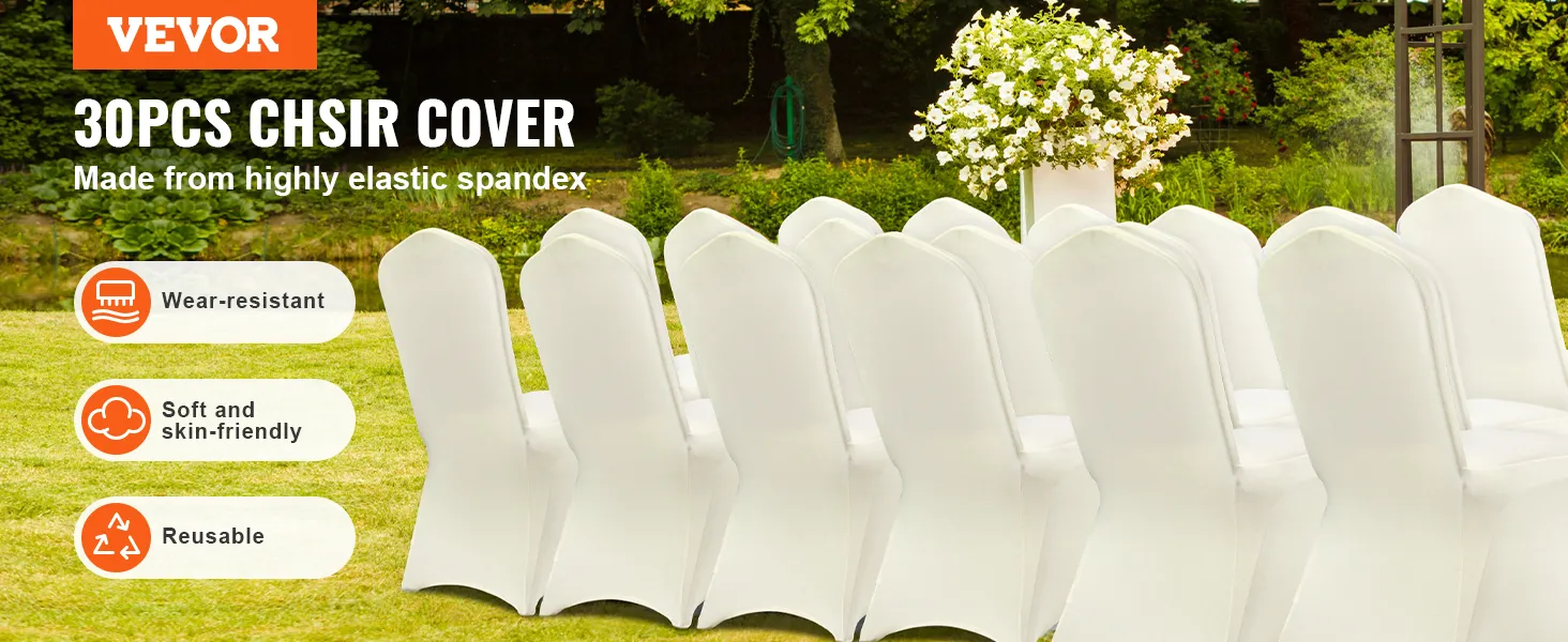 VEVOR spandex chair covers in white set outdoors, featuring wear-resistant, soft, and reusable properties.