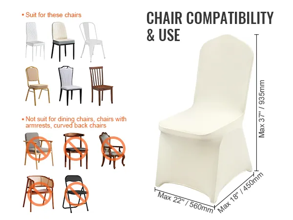 chair compatibility for VEVOR spandex chair covers; fits standard chairs, not armrests or curved backs.