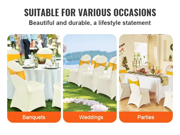 VEVOR spandex chair covers for banquets, weddings, and parties with yellow sashes and elegant settings.