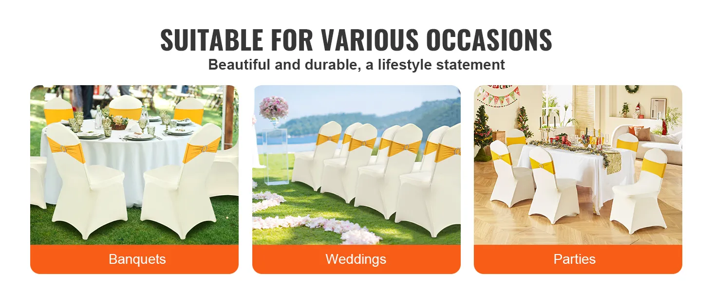 VEVOR spandex chair covers for banquets, weddings, and parties with yellow sashes and elegant settings.