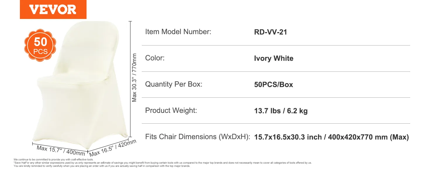 VEVOR spandex folding chair covers, ivory white, 50pcs per box, fits 15.7x16.5x30.3 inch chairs.
