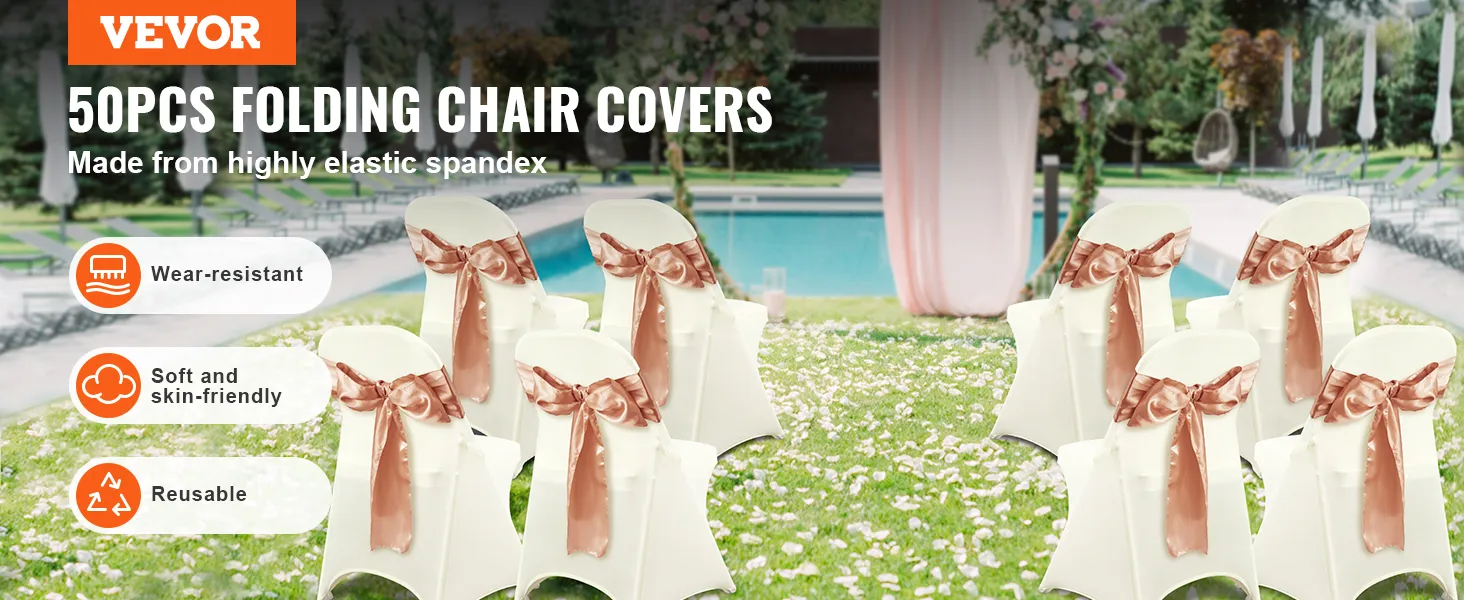 VEVOR-Spandex-Klappstuhlbezüge für den Gartenbereich überzeugen durch Langlebigkeit und weichen, wiederverwendbaren Stoff.