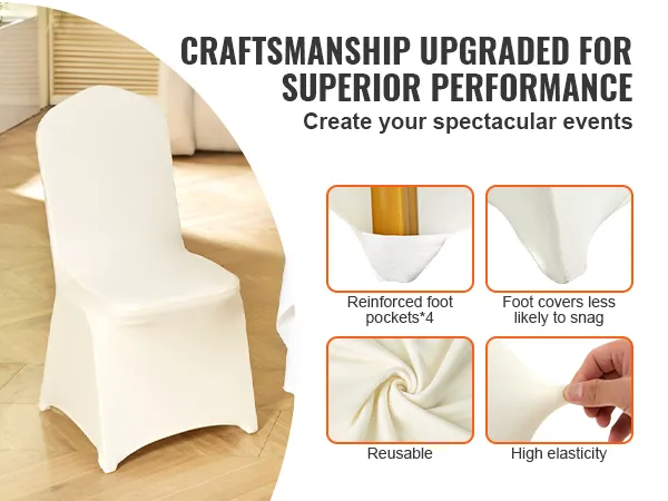 VEVOR stretch spandex stoelhoezen: versterkte voetzakken, herbruikbaar, hoge elasticiteit, haakbestendig.
