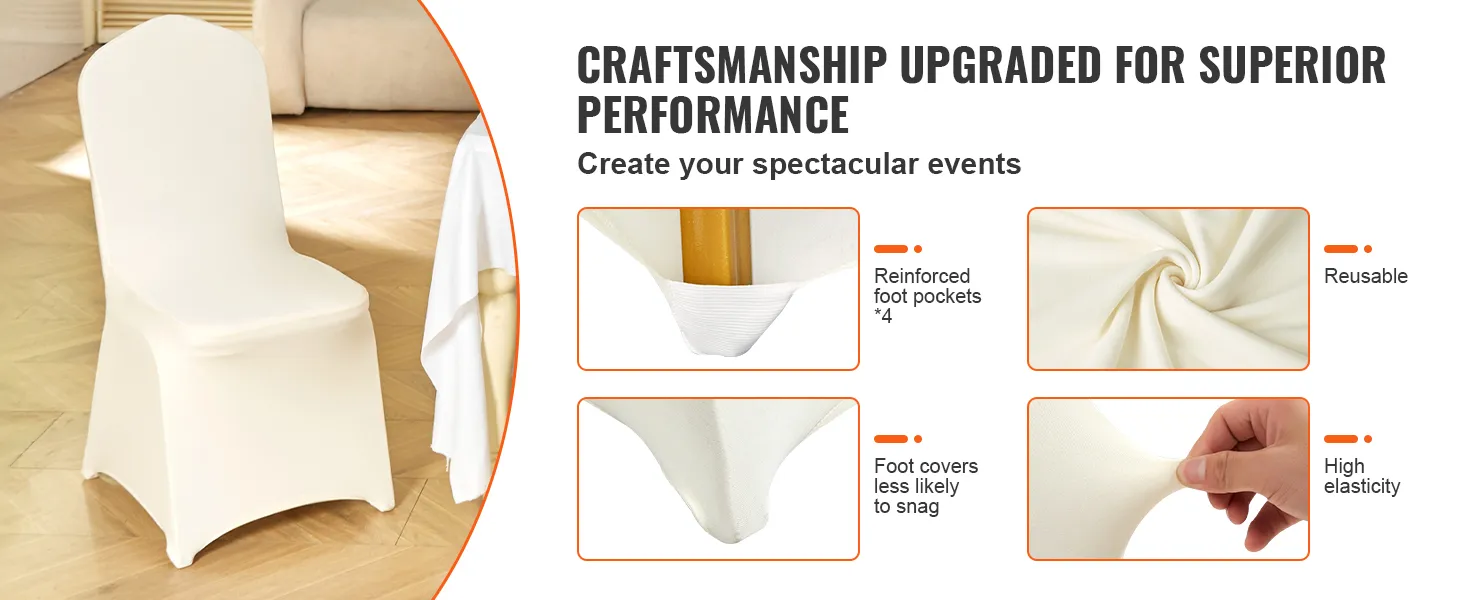 VEVOR stretch spandex stoelhoezen: versterkte voetzakken, herbruikbaar, hoge elasticiteit, haakbestendig.