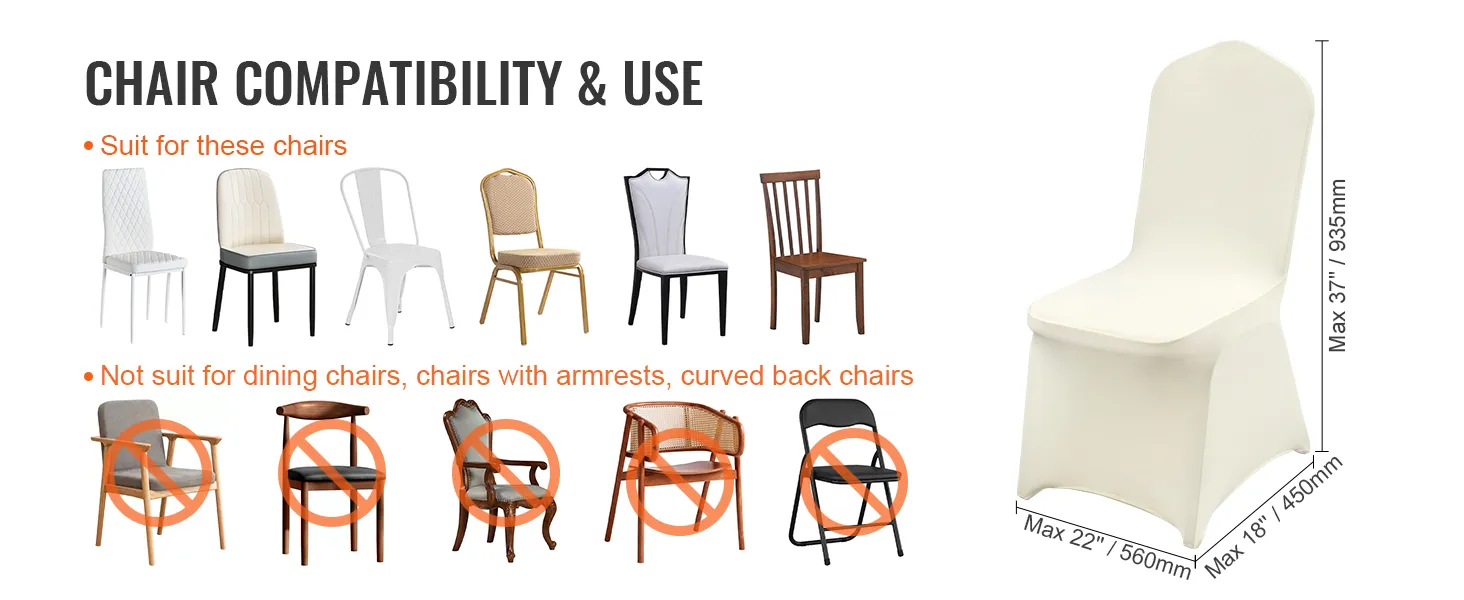 VEVOR stretch spandex stoelhoezen: alleen geschikt voor stoelen zonder armleuningen, niet voor stoelen met armleuningen of een gebogen rugleuning.